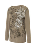 Kukombo Women Vintage Aesthetic Top Long Sleeve Lace Trim Tight Shirts Y2k Graphic Print Fairy Grunge Top Streetwear