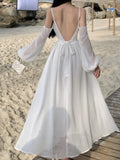 Kukombo Women White Backless Long Dress Summer Off Shoulder Runway Vestidos Korean Chic A-line Sundress Holiday Beach Clothes