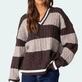 Kukombo Women Y2K Striped Sweater Vintage Aesthetic Preppy Sweater V Neck Long Sleeve Oversized Cable Knit Jumper Tops Streetwear
