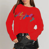Kukombo Women's Autumn Loose Sweater Tinsel Letter Applique Long Sleeve Round Neck Knitwear Pullover Y2K Fashion Streetwear