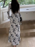 Kukombo Spring Vintage Print Velvet Long Dresses Elegant Square Neck Slim Waist Evening Club Robe Mujer Vestidos Autumn Sexy Vestidos