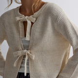 Kukombo Women's Knit Sweater Long Sleeve Crew Neck Bow Tie Front Solid Color Cardigan Hollow Out Sweater Winter Fall Streetwear