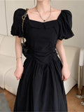 Kukombo Korean Fashion Women Elegant Casual Summer Dress Vintage A-Line Solid Party Prom Vestidos Chic Female Robe Clothings Mujers