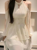 Kukombo Korea White Halter Hollow Out Off Shoulder Dresses Advanced Sense Waist Retraction Fantasy Gentle Short Lady's Clothes