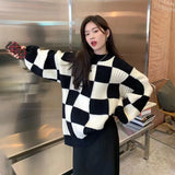 Kukombo Women Checkerboard Knitted Sweater Autumn Korean Casual Warm Loose Long Sleeve Top Female Streetwear All Watch Jumper New