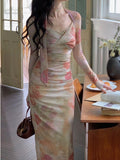 Kukombo Women Fashion Bodycon Slim Long Dresses Autumn Floral Elegant Casual One Pieces Party Evening Dress Female Chic Clothes