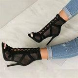 New Fashion Show Black Net Fabric Cross Strap Sexy High Heel Sandals Woman Shoes Pumps Lace-up Peep Toe Sandals Casual Mesh