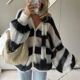 Kukombo Fashion Striped Sweater Cardigan With Scarf Female Loose Thin Hollow Knitted Top Lantern Sleeve Contrast Color Retro Top