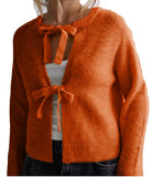 Kukombo Women's Knit Sweater Long Sleeve Crew Neck Bow Tie Front Solid Color Cardigan Hollow Out Sweater Winter Fall Streetwear