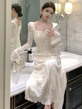 Kukombo Women Fashion Elegant Casual Bodycon Midi Dress Spring Vintage Chic Slim Party Prom Long Robe Female Birthday Clothes Mujers
