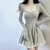 Kukombo Women Korean Knitted Dress Casual Sexy High Waist Female Mini Dresses Y2K Fashion All Match Slim Fit Lace Dress Spring New