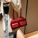Retro Underarm Bag Double Pocket PU Leather Shopping Bag Fashion Solid Designer Armpit Bag Casual Zipper Portable Ladies Purses