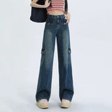 Kukombo Women High Waist Jeans Korean Fashion Designed Pocket Loose Wide Leg Pants Y2K All Match Female Denim Trousers Spring New