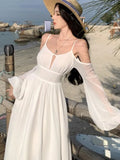 Kukombo Women White Backless Long Dress Summer Off Shoulder Runway Vestidos Korean Chic A-line Sundress Holiday Beach Clothes