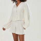 Kukombo Fashion Linen Shorts Outfits Women 2 Piece Set Tie Front Long Sleeve Shirt and Ruffle Shorts Lounge Matching Set Tracksuit