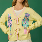 Kukombo Women Christmas Nutcracker Cardigan Tie Open Front Knitted Sweater Top Xmas Sequin Graphic Long Sleeve Cardigan