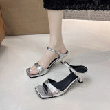 Kukombo Elegant Crocodile Gold Silver Mule Slippers Woman Luxury Square Toe Low Heel Sandals Ladies Summer Slip-on Buckle Dress Shoes