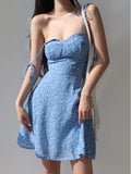Kukombo Blue Flower Spaghetti Strap Vintage Dress Women Clothing Sleeveless Lace-up Fashion Summer Mini Womens Dresses Vacation Outfits