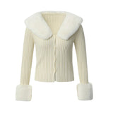 Kukombo Women Fur Trim Cardigan Autumn Ribbed Knit Long Sleeve Jackets Women's Sweater Slim Fit Chic Korean Fashion Coat Tops