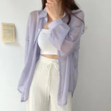 Kukombo Long Sleeve Chiffon Shirts Women See Through Tops Korean Popular Clothes Summer Polo Neck Loose Blouse Casual Female Sun Shirt