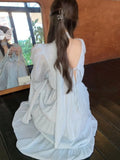 Kukombo French V Neck Lace-Up Long Dress for Women Elegant Lantern Sleeve Princess Party Prom A Line Loose Dresses Casual Vestidos Robe