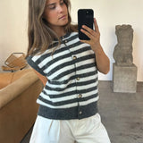Kukombo Women Sweater Vests Solid Color/Stripe Buttons Sleeveless Pullovers Fall Winter Casual Jumpers Knit Tops for Winter Fall