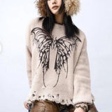 Kukombo Y2K Vintage Women Knit Sweater Tops Casual Long Sleeve Crew Neck Butterfly Pullover Warm Sweater for Fall Winter