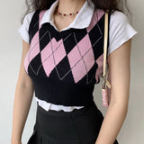 Kukombo Argyle Knit Vest Top Women V-neck Sleeveless Crop Sweater Vest Schoolgirl Y2k 90s Preppy Cottagecore Outfit