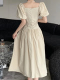 Kukombo Korean Fashion Women Elegant Casual Summer Dress Vintage A-Line Solid Party Prom Vestidos Chic Female Robe Clothings Mujers