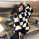 Kukombo Women Checkerboard Knitted Sweater Autumn Korean Casual Warm Loose Long Sleeve Top Female Streetwear All Watch Jumper New