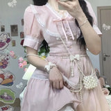 Cute Dress Mesh Patchwork Sweet Pink Short-Sleeved V-Neck Lolita Cosplay Costume Kawaii Japanese Girl Summer Dress For Women