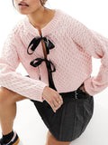 Kukombo Y2k Knit Cardigan Women  Full Sleeve Preppy Style Sweater Tos O-Neck Slim Fit Winter New Fashion Bow Tie Front Sweater Female