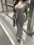 Kukombo Sexy V-Neck Lace Up Bodycon Mermaid Knitted Dress Autumn Women Long Sleeve Solid Spring Casual Wrapped Hip Midi Vestidos Mujer