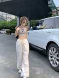 High Waist Straight Cargo Pants For Female Spring 2023 New Loose Wide Leg Pants American Street Drawstring Casual Korean Style