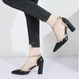 Kukombo 2023 Summer Shoes High Heels T Strap Rivet Pumps chunky Heels Sandal Patent Leather Dress Shoes White wedding Women heels