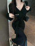Kukombo Sexy V-Neck Lace Up Bodycon Mermaid Knitted Dress Autumn Women Long Sleeve Solid Spring Casual Wrapped Hip Midi Vestidos Mujer