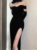 Kukombo Women Sexy Split Off Shoulder Knitted Black Dress Summer New Fashion Female Club Party Y2K Bodycon Harajuku Clothing