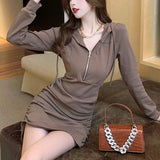 Kukombo Y2K Sexy Bodycon Mini Dress Women's Fashion Long Sleeve Casual Slim Solid Vestidos Femme Korean Clothes Autumn