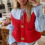 Kukombo Womens Sweater Vest Sleeveless V Neck Button Down Knitted Waistcoats Casual Cropped Sweater Tank Tops Y2k Streetwear