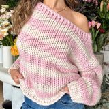 Kukombo Women Oversized Striped Sweater Vintage Loose Drop Shoulder Long Sleeve Crochet Pullover Fall Winter Preppy Knitwear