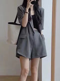 Kukombo Women Vintage Blazer Shorts Suit Summer Casual Loose Blaser Jackets Solid Short Pantalons Outfits Female Korean Fashion 2 Pieces