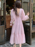 Kukombo French V Neck Lace-Up Long Dress for Women Elegant Lantern Sleeve Princess Party Prom A Line Loose Dresses Casual Vestidos Robe