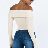 Kukombo Women Casual Solid Sweater Top Long Sleeve Off Shoulder Ribbed Knit Cropped Shirt Fairy Grunge Fall Y2K Streetwear