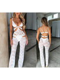 Kukombo Women Sexy Lace Floral Jumpsuit Sleeveless Spaghetti Strap Low Cut Hollow Out Sheer See Through Long Jumpsuit for Party Clubwear