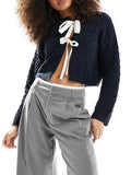 Kukombo Y2k Knit Cardigan Women  Full Sleeve Preppy Style Sweater Tos O-Neck Slim Fit Winter New Fashion Bow Tie Front Sweater Female