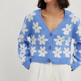 Kukombo Women's Button Down Knit Cardigan Fashion Long Sleeve V Neck Floral Print Sweater Y2K Vintage Outwear for Winter Fall