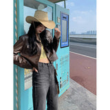 Kukombo Christmas gifts Vintage Pu Leather Short Jackets Women Motorcycle Cropped Coat Streetwear Korean Spring Autumn Brown Casual All Match Outerwear