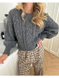 Kukombo Women's Y2K Cable Knit Sweaters Chunky Long Sleeve Crewneck Cropped Pullover Sweater Tops Warm Jumper Tops Knitwear