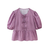Kukombo Women's Summer Babydoll T-Shirt Solid Stripe Short Puff Sleeve Round Neck Tie-Up Front Peplum Tops blusa mujer moda