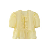 Kukombo Women's Summer Babydoll T-Shirt Solid Stripe Short Puff Sleeve Round Neck Tie-Up Front Peplum Tops blusa mujer moda